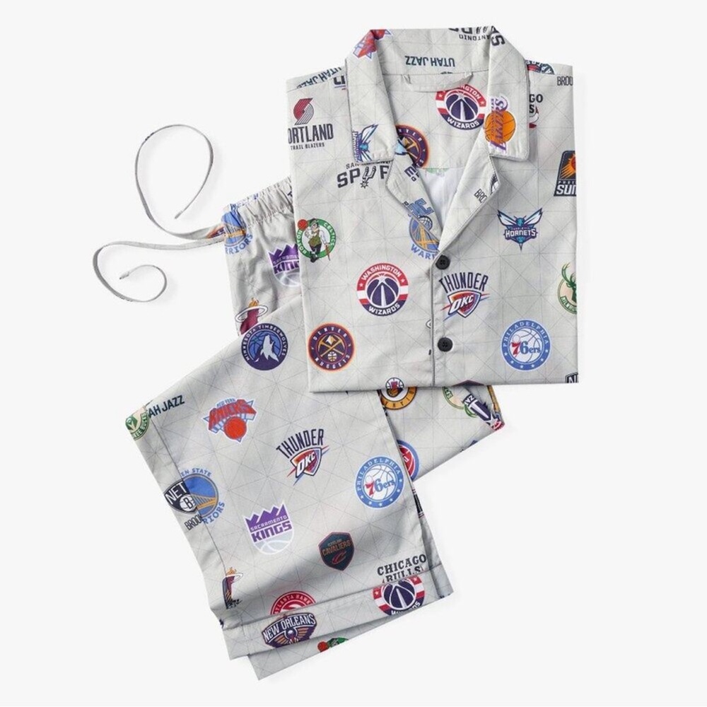 Pottery Barn NBA Team Logos Loose Fit Pajama Gray Button Top & Pants Set PJs NEW
